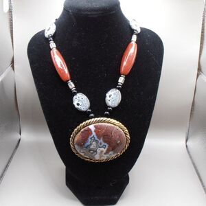 Statement Agate Pendant Brooch Combo Necklace Red Bead Southwestern Style 2-in-1